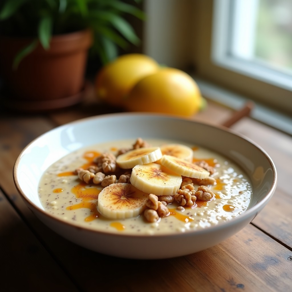 Bowl energético de avena y chía con plátano en rodajas, nueces picadas y semillas de girasol, espolvoreado con canela y un hilo de miel, servido en un bol de cerámica blanca sobre una mesa de madera.