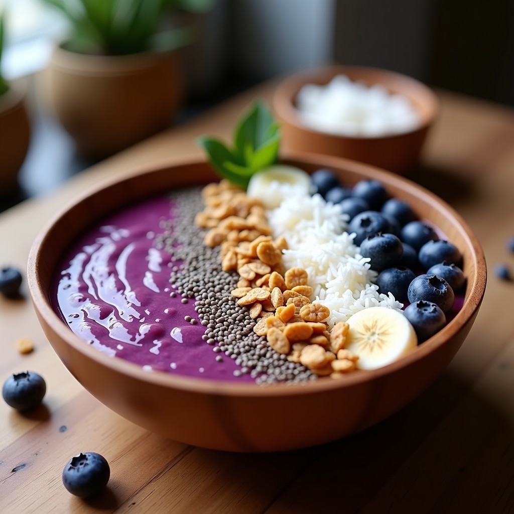 Bowl energético amazónico con base morada de açai y plátano, coronado con granola crujiente, arándanos, coco rallado y semillas de chía, servido en un cuenco de madera con fondo natural.