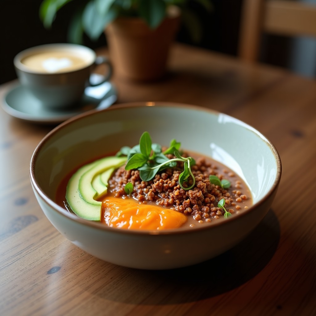 Bowl energético en recipiente de cerámica blanca con café frío, plátano en rodajas, avena, semillas de chía y almendras fileteadas, decorado con canela y cacao, receta superalimento.