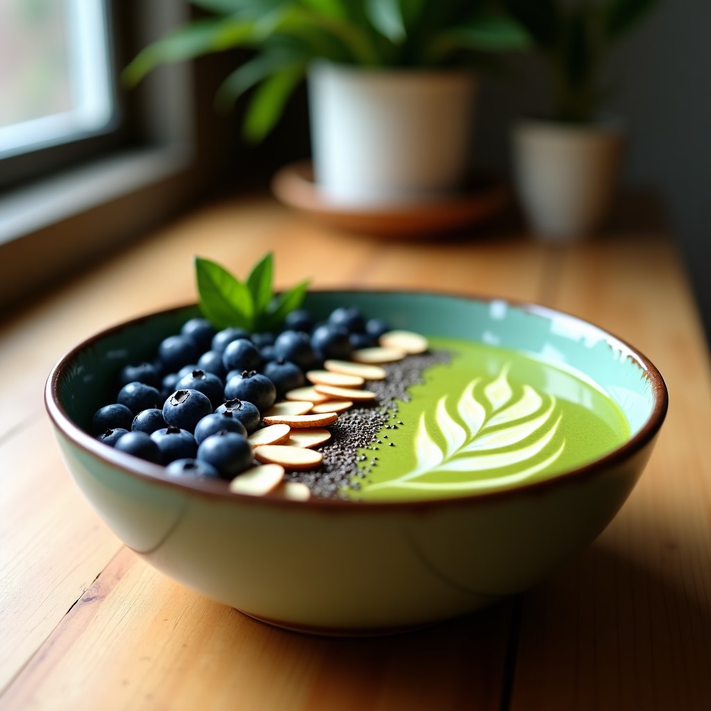 Bowl energético verde esmeralda decorado con espiral de crema de anacardos, arándanos frescos y almendras fileteadas, sobre fondo de madera clara.