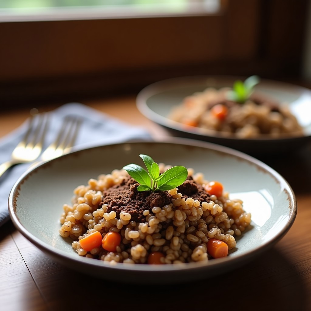 Bowl de desayuno energético con quinoa como base, crema de cacao y maca, decorado con rodajas de plátano, semillas de chía, nueces picadas y coco rallado sobre un fondo rústico de madera.