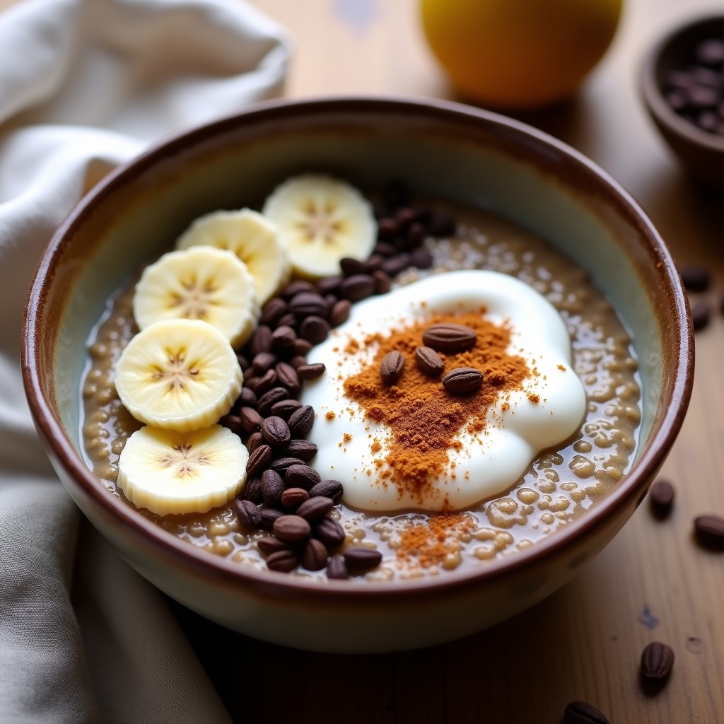 Bowl energético con base de quinoa cremosa, yogur griego, rodajas de plátano, cacao nibs y almendras tostadas, receta alta en proteína y sin azúcar.