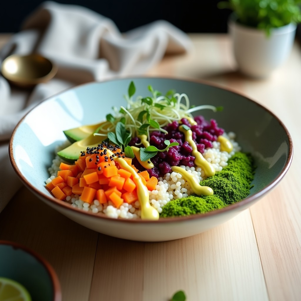 Bowl colorido y vibrante con base de quinoa blanca teñida de verde por espirulina, acompañada de kimchi morado, zanahorias fermentadas naranjas, aguacate en cubos, brotes de alfafa, semillas de girasol y sésamo negro. Aderezo brillante de limón y jengibre vertido en zigzag, decorado con hojas de cilantro y pimienta rosa. Plato saludable, detox y lleno de superalimentos.