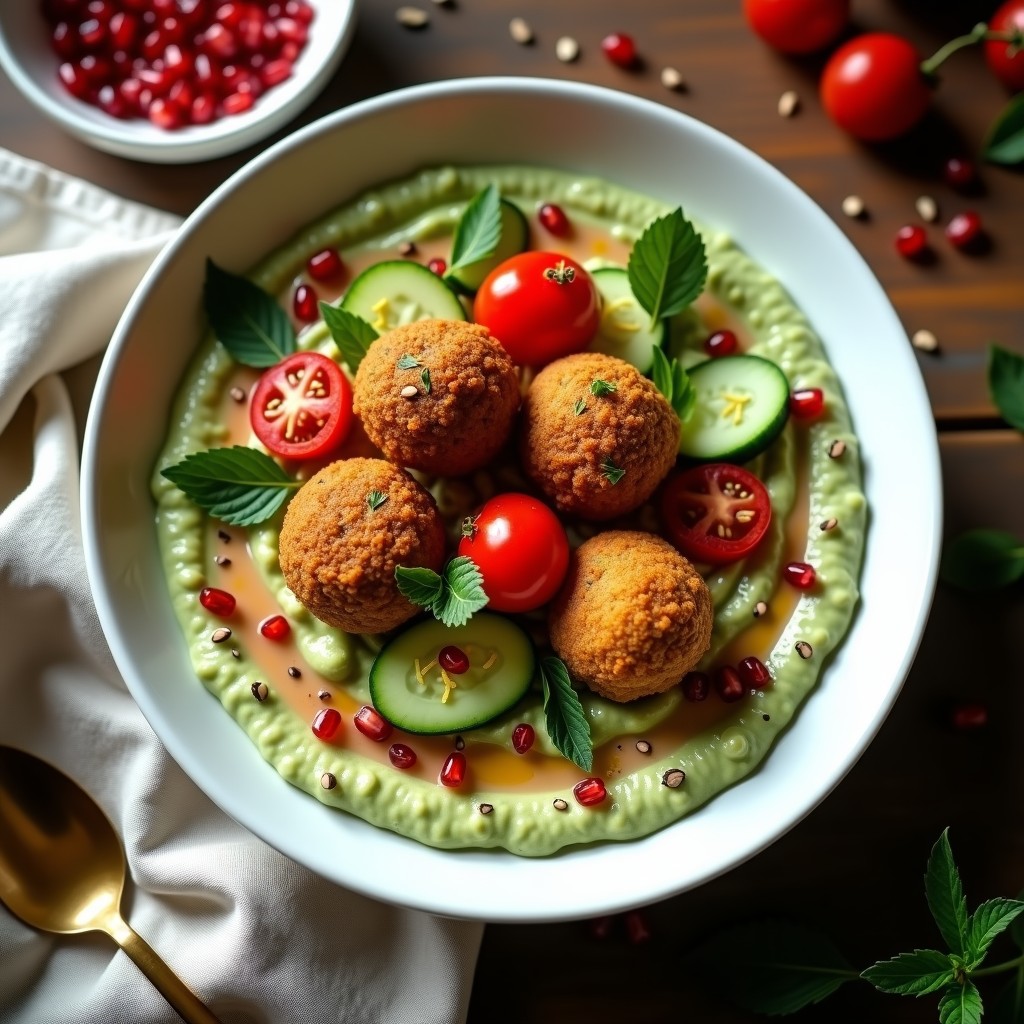 Bowl hondo de cerámica blanca con puré de habas cremoso en la base, falafel dorado y crujiente encima, rodeado de tomates cherry rojos, pepino verde en medias lunas, granada roja y cebolla morada picada. Salsa de tahini espesa y brillante regada por encima, decorado con hojas de menta fresca y un hilo de aceite de oliva. Receta palestina vegana tradicional.