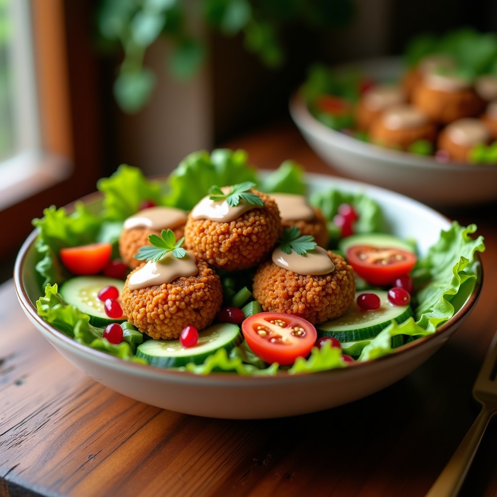 Bowl colorido con base de lechuga romana, falafel dorados de lentejas rojas, tomates cherry, pepino en cubos y semillas de granada, bañado con salsa cremosa de tahini. Receta árabe fácil en airfryer sin harina.
