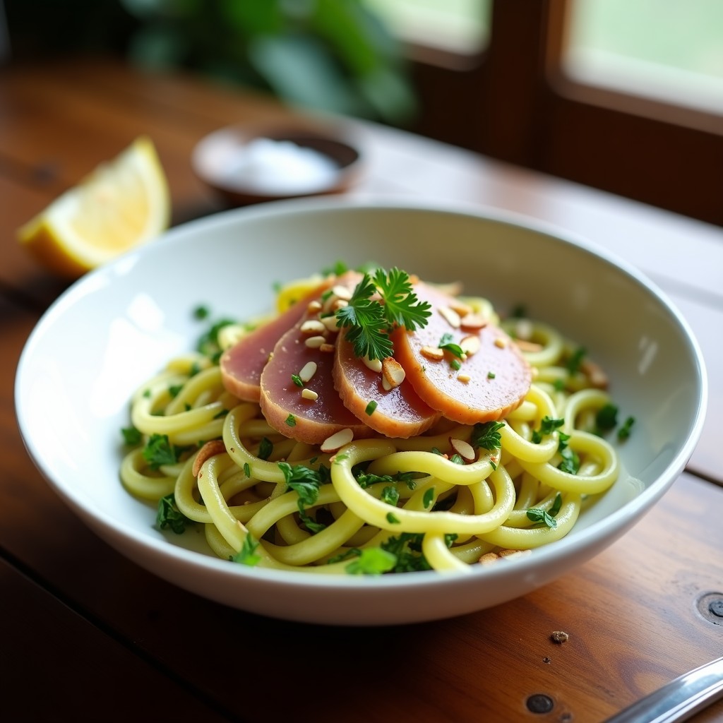 Bowl hondo de cerámica blanca con fideos de calabacín espiralizados al dente, cubos de atún fresco sellado, alioli de azafrán cremoso y decoración de semillas de sésamo tostado y cebollino picado. Plato colorido y elegante, receta sin gluten en 15 minutos.