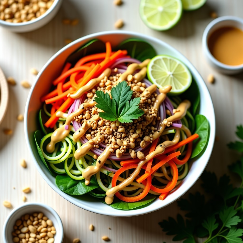 Bowl colorido con fideos de calabacín crudos, zanahoria en juliana, pimiento rojo, cebolla morada, espinacas frescas y germinados de alfalfa. Toppings de cacahuetes tostados, semillas de sésamo negro, algas nori y cilantro. Aderezo cremoso de sésamo vertido por encima. Receta cruda vegana y alta en proteína.