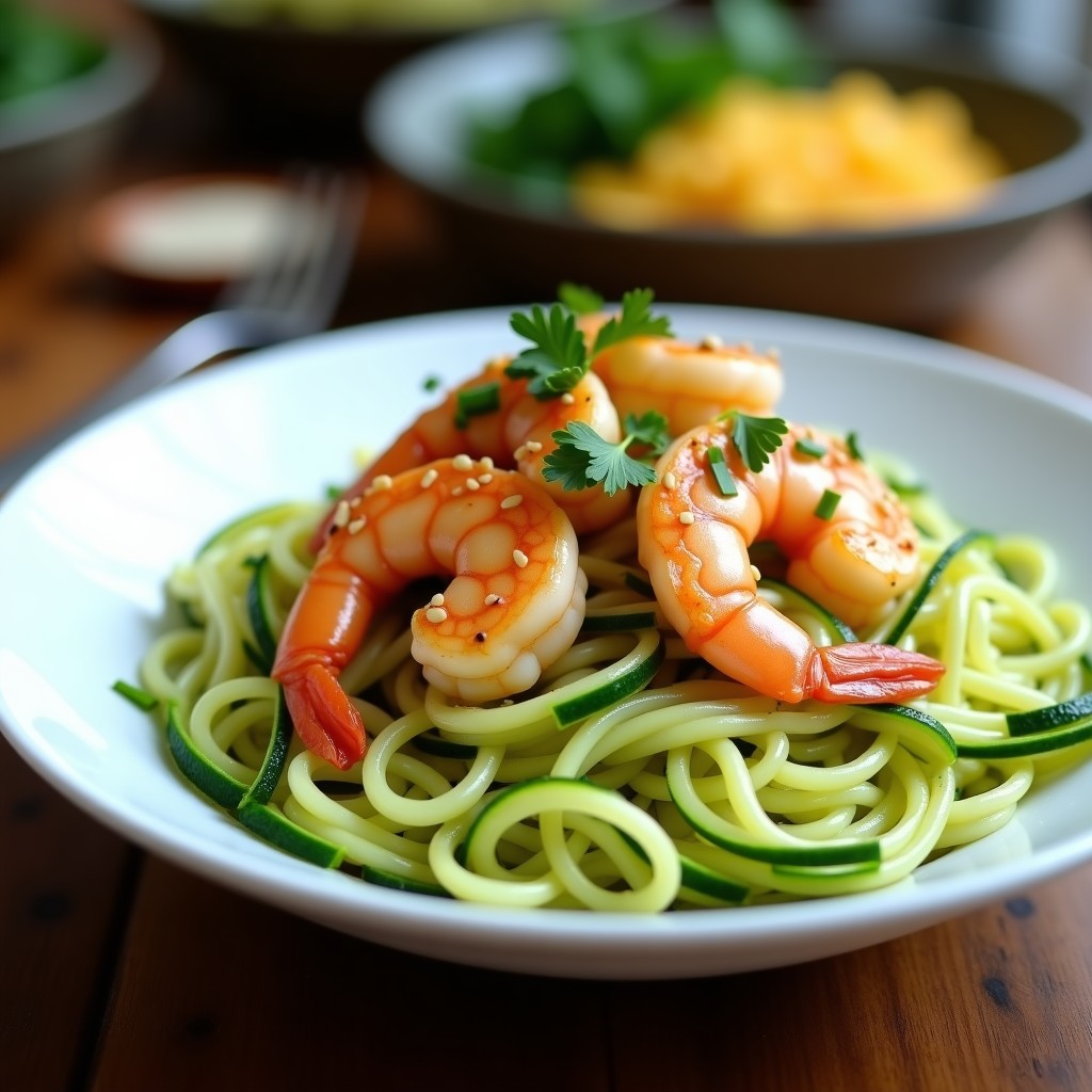 Bowl de fideos de calabacín espiralizados con camarones al ajillo, perejil fresco y semillas de sésamo tostado, servido en un plato blanco hondo sobre fondo rústico de madera. Receta keto en Thermomix.