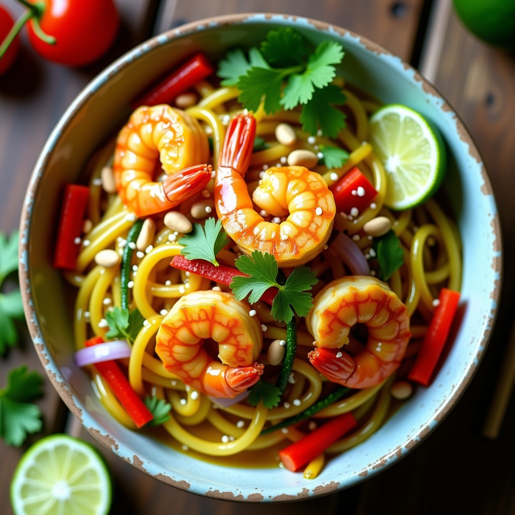 Bowl hondo de cerámica negra con fideos de calabacín verdes y brillantes, gambas rosadas salteadas en salsa de ají amarillo, cebolla morada, pimiento rojo y semillas de sésamo. Decorado con cilantro fresco y cacahuetes picados, receta fusion peruano-asiática.