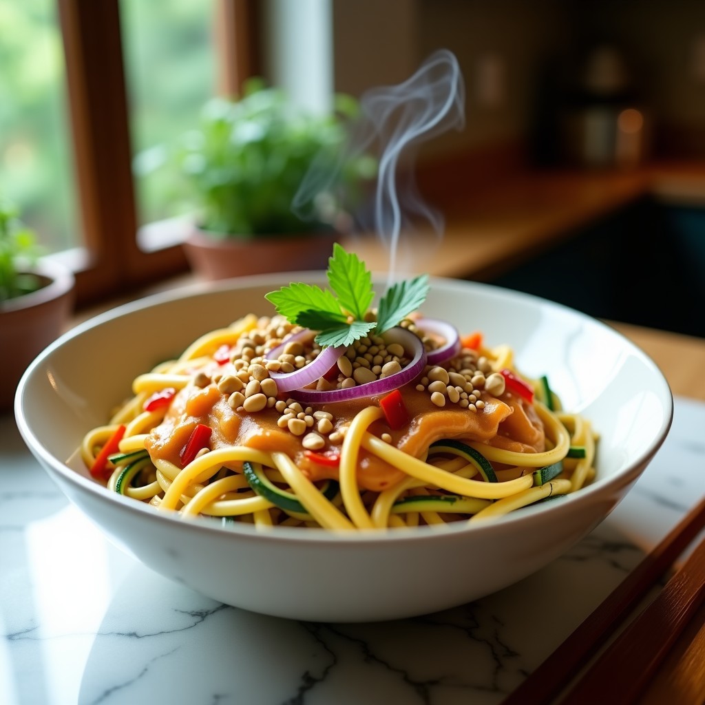 Bowl tailandés keto con fideos de calabacín espiralizados, bañados en una cremosa salsa satay de cacahuete, decorado con peanuts tostados, semillas de sésamo, cebolla morada, pimiento rojo y cilantro fresco. Plato vibrante y colorido sobre fondo neutro.