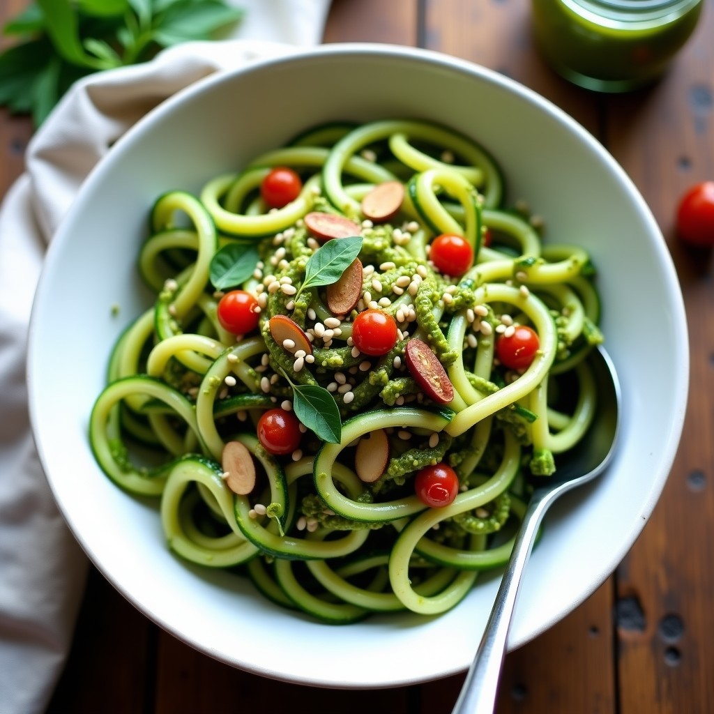 Bowl de fideos de calabacín crudos con pesto verde de espirulina, decorado con tomates secos, brotes de alfalfa y semillas de sésamo tostadas sobre fondo claro.