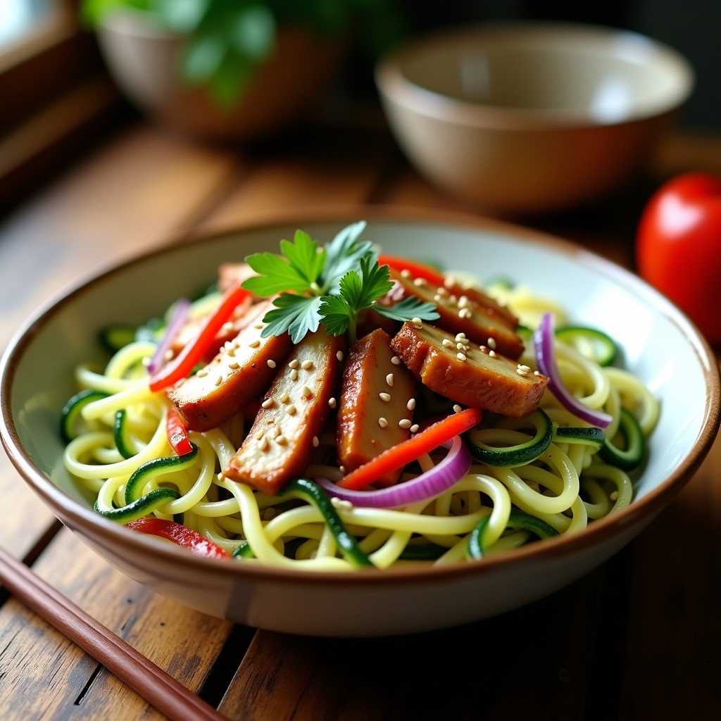 Bowl colorido con fideos de calabacín espiralizados, trozos de pollo dorado al sésamo, cebolla morada, pimiento rojo y semillas de sésamo tostadas, decorado con cilantro fresco. Plato bajo en carbohidratos, receta china keto en 15 minutos.