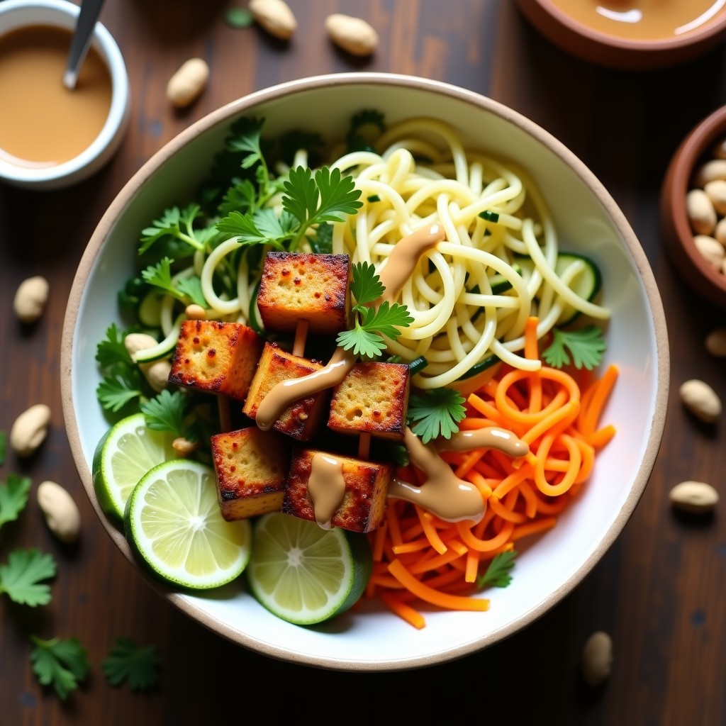 Bowl colorido con fideos de calabacín espiralizados, tiras doradas de satay de tempeh, cebolla morada, pimiento rojo, salsa de cacahuete cremosa y semillas de sésamo, receta indonésia vegana con cacahuete.
