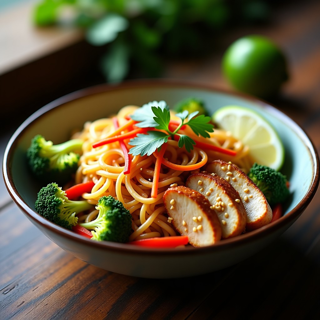 Bowl colorido con fideos shirataki translúcidos, bañados en salsa peanut satay cremosa, acompañados de pollo en tiras, pimiento rojo, brócoli y zanahoria salteadas. Decorado con semillas de sésamo tostadas, cilantro fresco y gajos de lima. Plato tailandés keto bajo en carbohidratos.