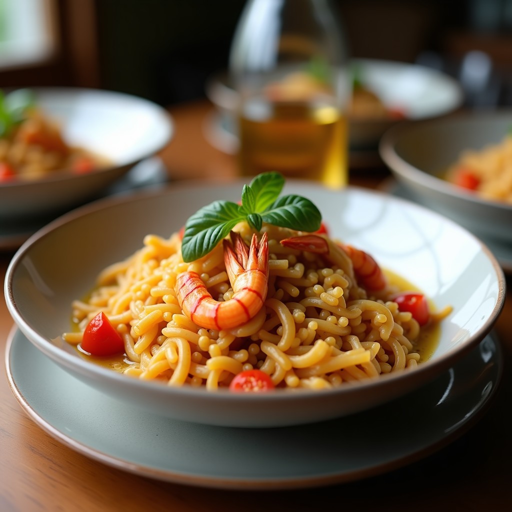 Bowl de fideuá de quinoa y mariscos keto en Thermomix: quinoa dorada con gambas, mejillones y chipirones, decorado con almendras fileteadas y perejil fresco sobre fondo rústico.