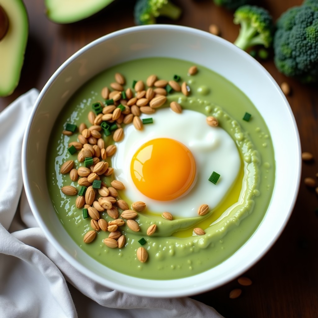 Bowl blanco con puré de brócoli cremoso de color verde suave, decorado con semillas de girasol doradas, cubos de aguacate verde y hojas de cilantro fresco. Plato de desayuno keto con textura sedosa y toppings crujientes.