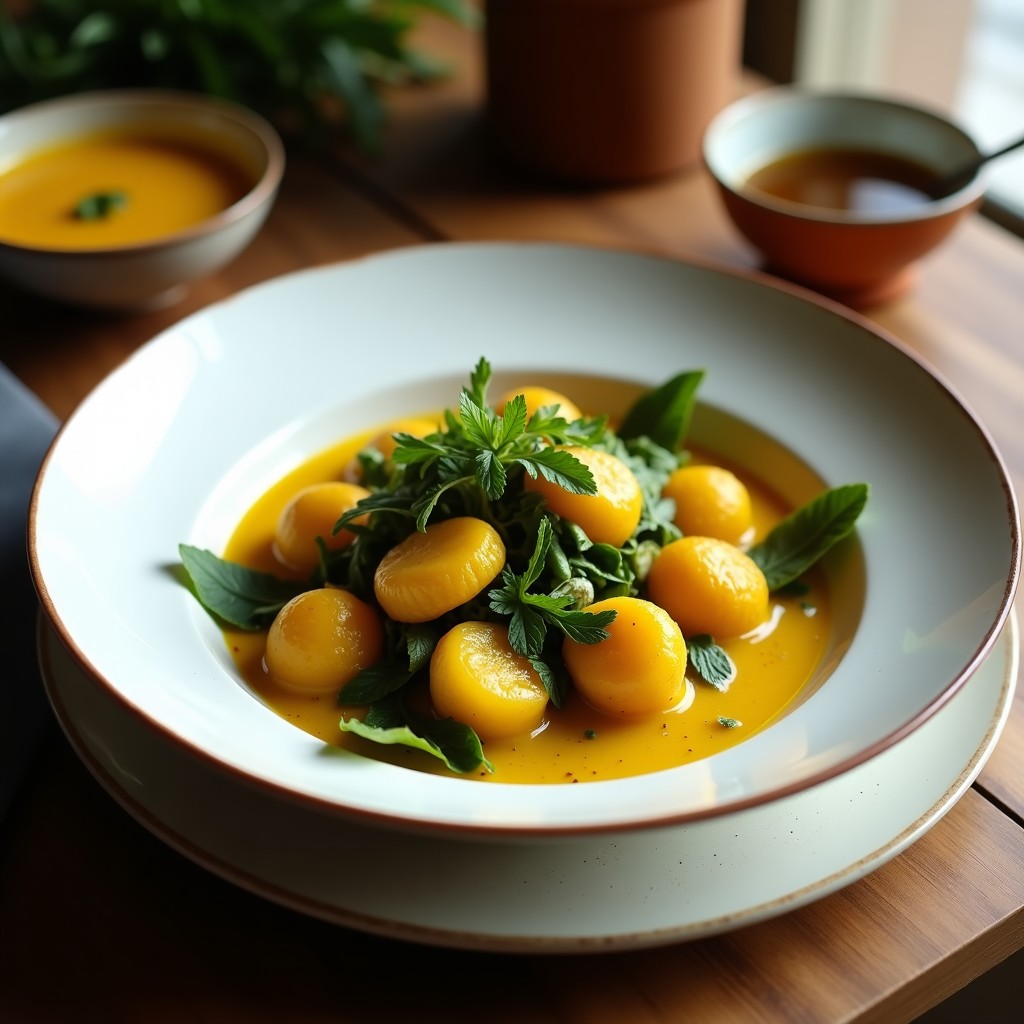Bowl de cerámica blanca con base de fonio esponjoso, cubierto de judías mungo cremosas y verduras asadas (calabacín, berenjena y pimiento) bañadas en salsa de curry verde. Decorado con semillas de sésamo tostadas, cilantro fresco y un toque de limón. Plato colorido y vibrante, típico de la cocina africana moderna.