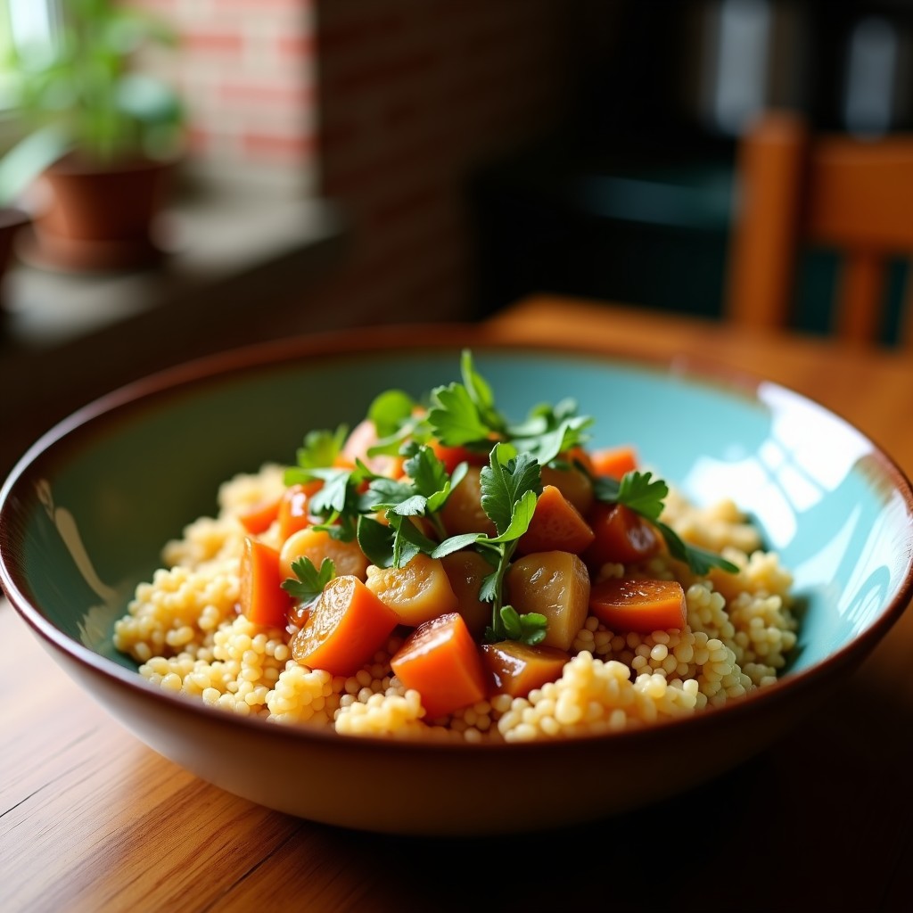 Bowl de fonio dorado con trozos de pollo al yassa cubierto de salsa de cebolla caramelizada, acompañados de calabaza butternut y pimiento rojo asados. Decorado con almendras fileteadas, perifollo fresco y rodajas de limón, sobre fondo rústico de madera.