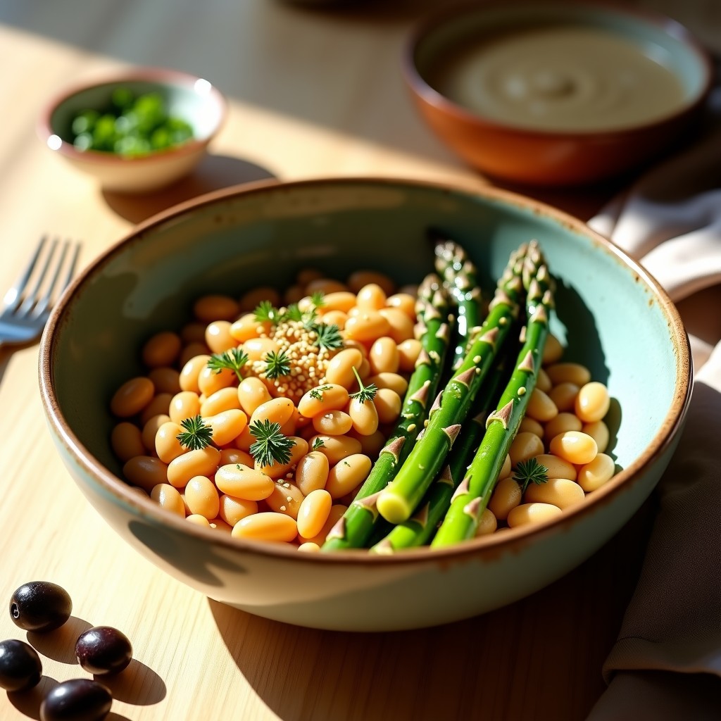 Bowl hondo de cerámica blanca con base de fono dorado, espárragos trigueros asados al horno, almendras fileteadas tostadas, semillas de sésamo y hojas de menta fresca. A un lado, salsa cremosa de tahini y limón en un pequeño cuenco de barro. Plato vibrante con tonos verdes, marrones y beige, típico de la cocina fenicia keto.