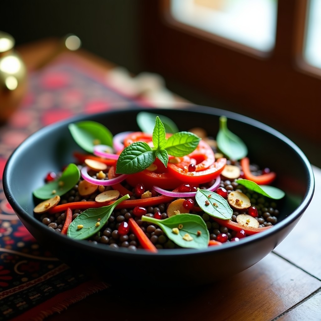 Bowl colorido con base de fono tostado y lentejas beluga oscuras, mezclado con cebolla morada picada, pimiento rojo asado y almendras fileteadas. Decorado con semillas de granado rojas brillantes y hojas de menta fresca. El plato tiene un aderezo vibrante de granado y menta que resalta los colores. Receta persa de bowl de fono y lentejas beluga.