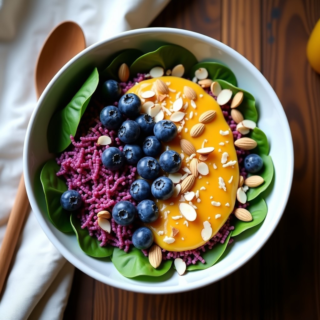 Bowl de fono sapiens y arándanos con aderezo de vinagre de manzana, servido en un plato hondo de barro. Se aprecian los granos de fono, arándanos frescos, cubos de aguacate, semillas de calabaza, almendras fileteadas y hojas de menta. El aderezo brilla levemente sobre los ingredientes, creando un contraste de colores vibrantes y texturas crujientes.