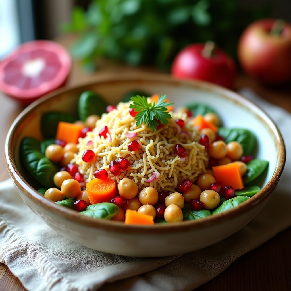 Bowl de freekah con base de espinacas baby, garbanzos dorados y crujientes, zanahoria rallada, cebolla morada y semillas de granada, bañado en salsa de tahini cremosa. Receta árabe alta en hierro.