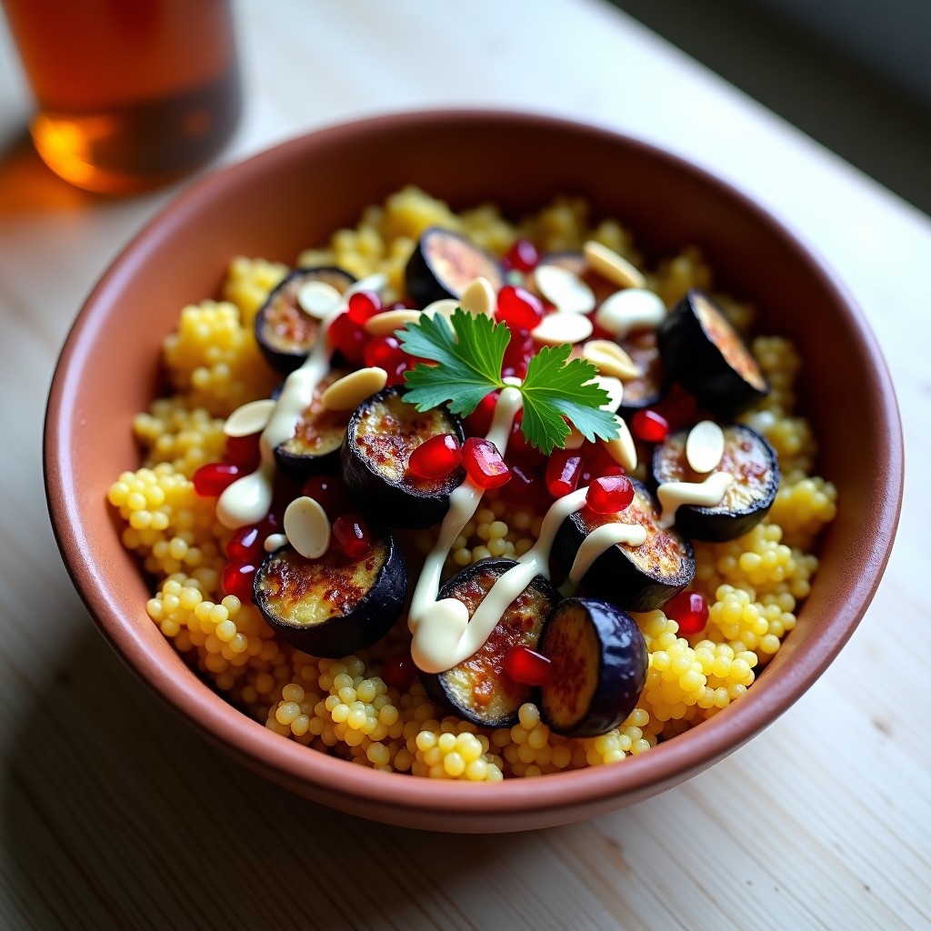 Bowl rústico de barro con freekeh dorado, berenjena asada en cubos dorados, aderezo cremoso de tahini, semillas de granada rojas, almendras tostadas y perejil verde. Plato colorido y vibrante sobre fondo de madera clara, con texturas crujientes y cremosas. Desayuno palestino keto y vegano.