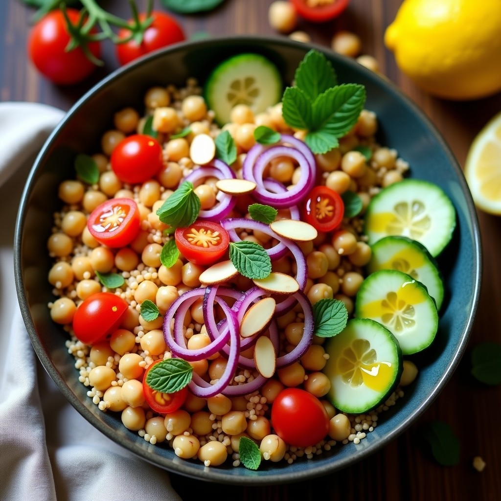 Bowl de freekeh oscuro con garbanzos tostados dorados, espinacas frescas, tomates cherry rojos y cebolla morada en juliana. Aderezo cremoso de limón y comino vertido por encima, decorado con perejil fresco y semillas de sésamo tostadas. Plato con fondo rústico de madera y texturas vibrante.