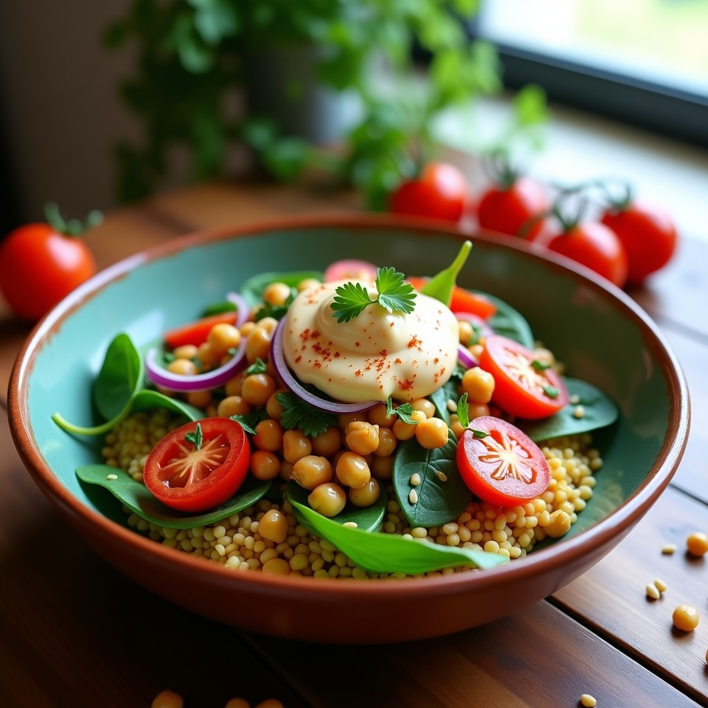 Bowl de freekeh dorado con garbanzos crujientes dorados, salsa de tahini cremosa, tomates cherry rojos, cebolla morada en juliana y perejil fresco, servido en un plato hondo de cerámica blanca sobre fondo rústico de madera. Receta libanesa de bowl de freekeh con garbanzos y tahini.