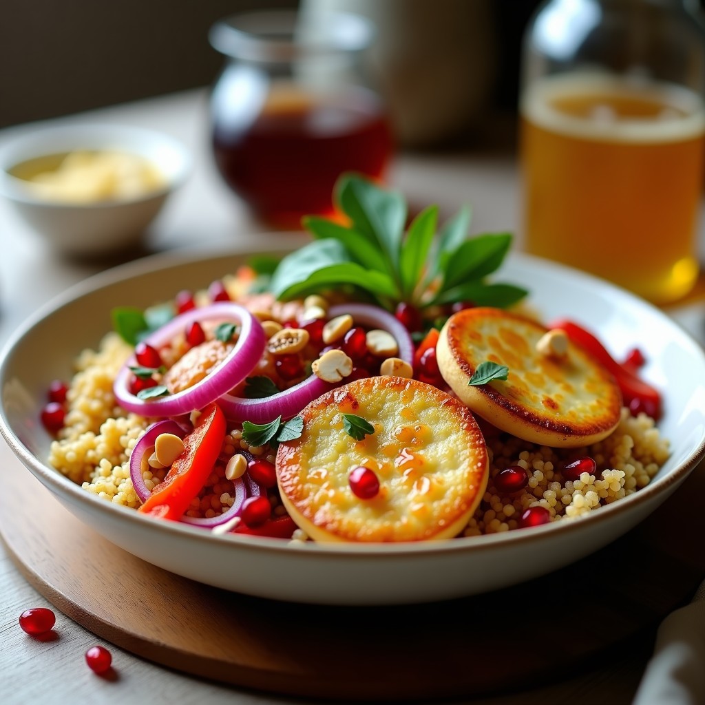 Bowl colorido con base de espinacas baby, freekeh tostado, cubos dorados de queso halloumi a la parrilla, granos de granada rojos brillantes, cebolla morada en juliana y semillas de sésamo. Decorado con hojas de menta fresca y un hilo de aceite de oliva.