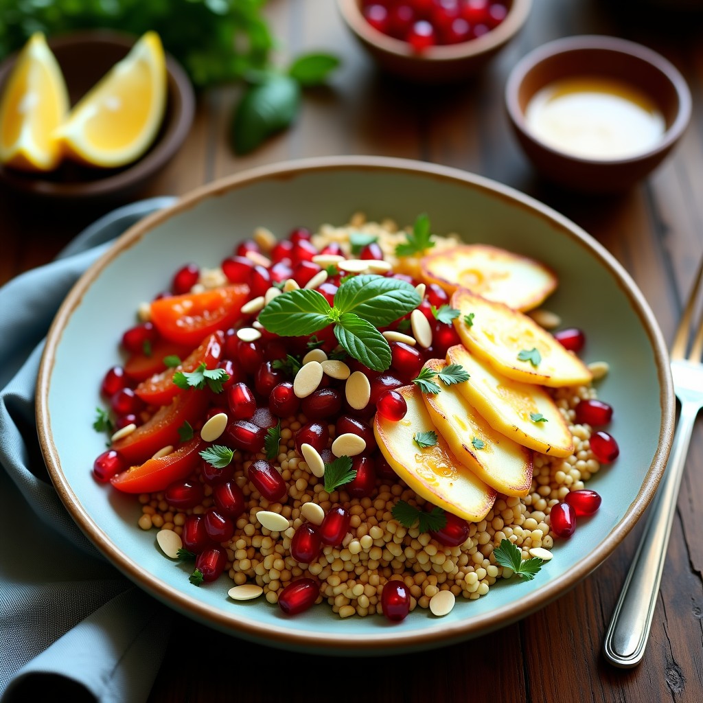 Bowl colorido con freekeh dorado, láminas de queso halloumi crujiente, semillas de granada rojas, cebolla morada y pimiento rojo salteados, almendras tostadas y hierbas frescas, servido en un plato hondo de cerámica blanca con aderezo de limón y miel.
