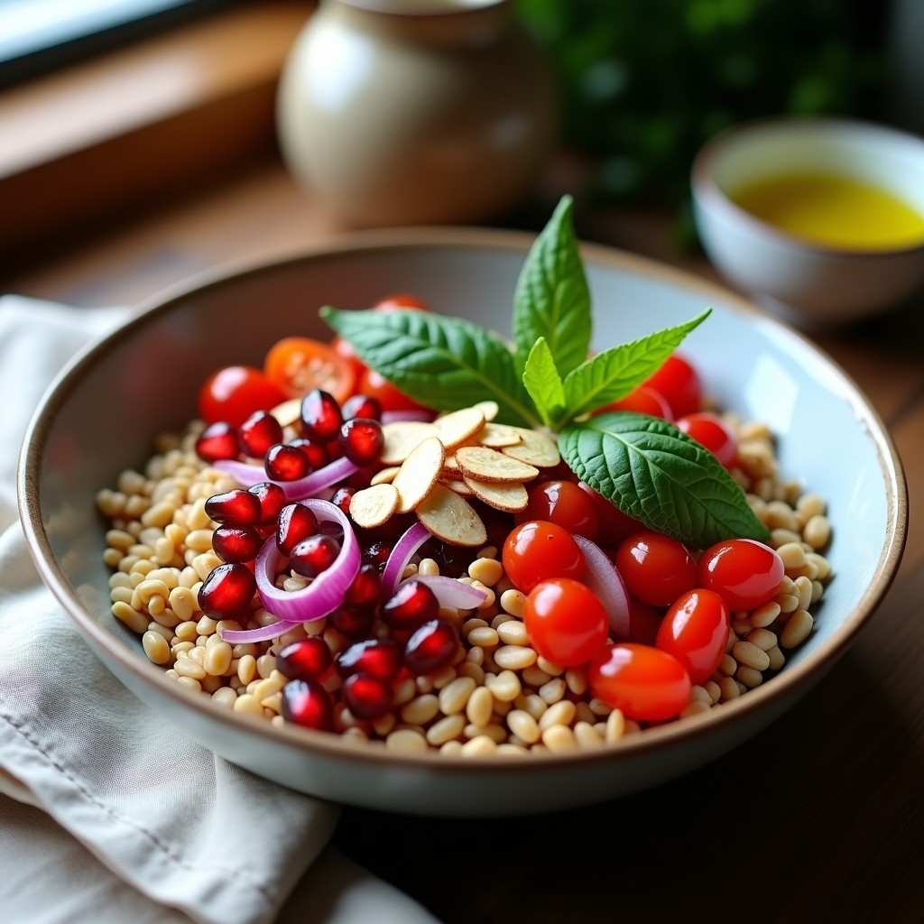 Bowl de Freekeh con Granada y Mentas Frescas: Receta Libanesa Vegana y Alta en Fibra