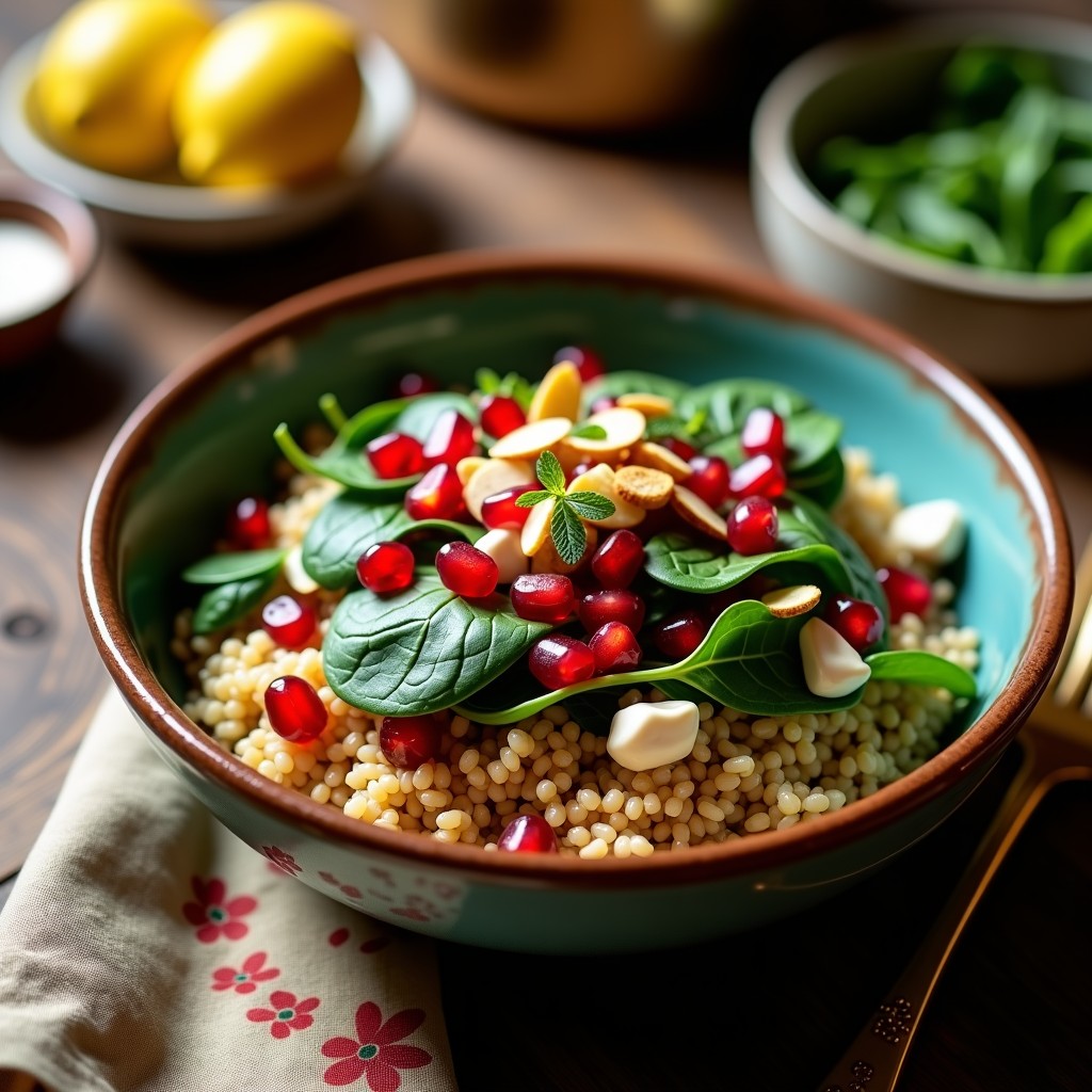 Bowl de barro rústico con freekeh cocido en olla lenta, semillas de granada rojas vibrantes, espinacas verdes, almendras tostadas y salsa de tahini cremosa, decorado con perejil fresco. Receta árabe de bowl de freekeh con granadas y tahini.