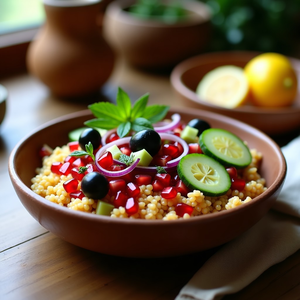 Bowl de freekeh verde con semillas de granado rojas, aceitunas Kalamata negras, pepino en cubos, cebolla morada y hinojo fresco. Decorado con hojas de menta y almendras tostadas, bañado en un aderezo dorado de limón y comino. Receta árabe keto llena de color y texturas.