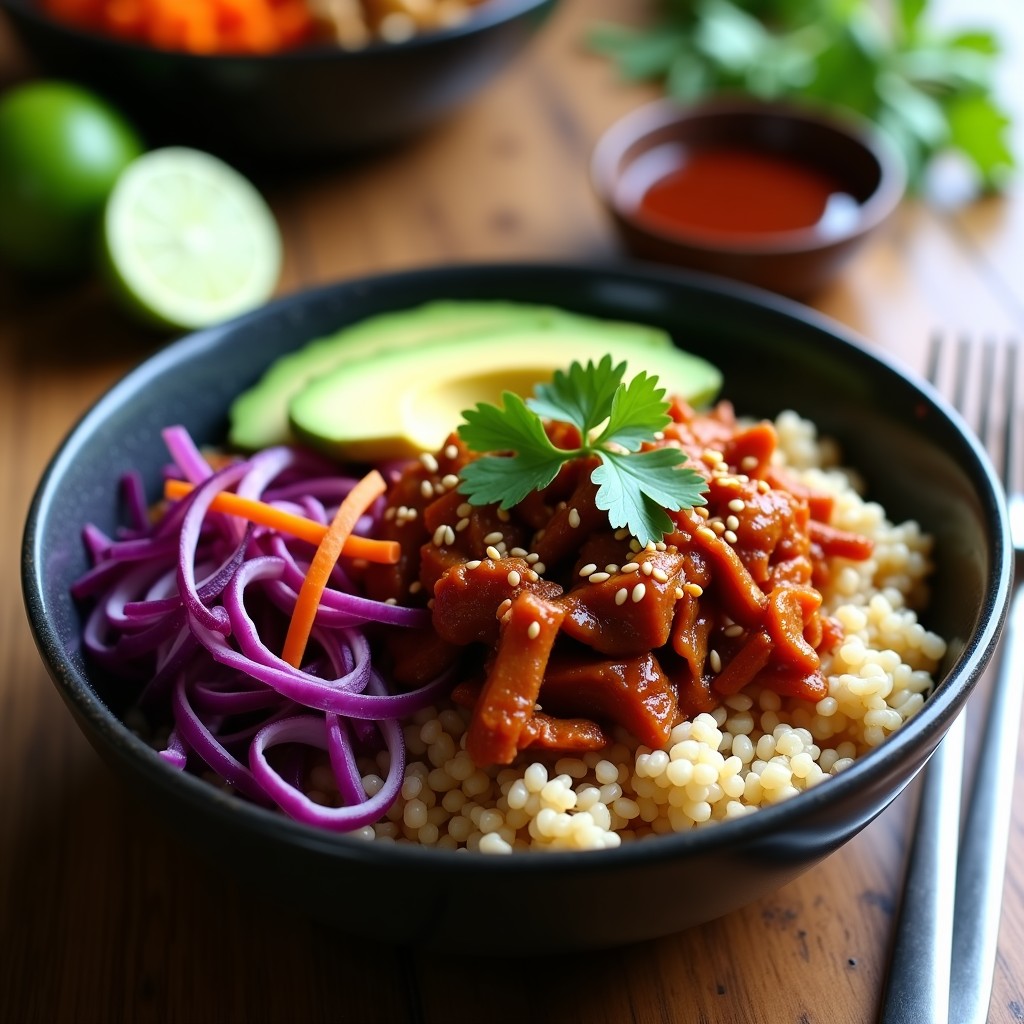 Bowl colorido con base de arroz integral, jackfruit desmenuzado al BBQ caramelizado, slaw de repollo morado crujiente, rodajas de aguacate y semillas de sésamo. Plato vegano Tex-Mex lleno de texturas y sabores contrastantes.