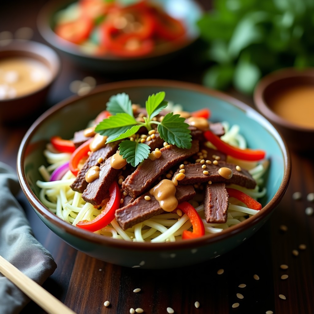 Bowl de Jicama y Carne de Res Marinada: Receta Thai de Ensalada Crujiente con Aderezo de Cacahuete