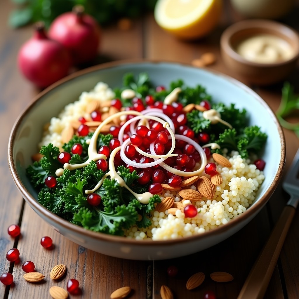 Bowl colorido con base de quinoa blanca, kalette asada dorada y crujiente, semillas de granado rojas, cebolla morada en juliana, almendras tostadas y aderezo cremoso de tahini. Plato saludable, antiinflamatorio y vegano.