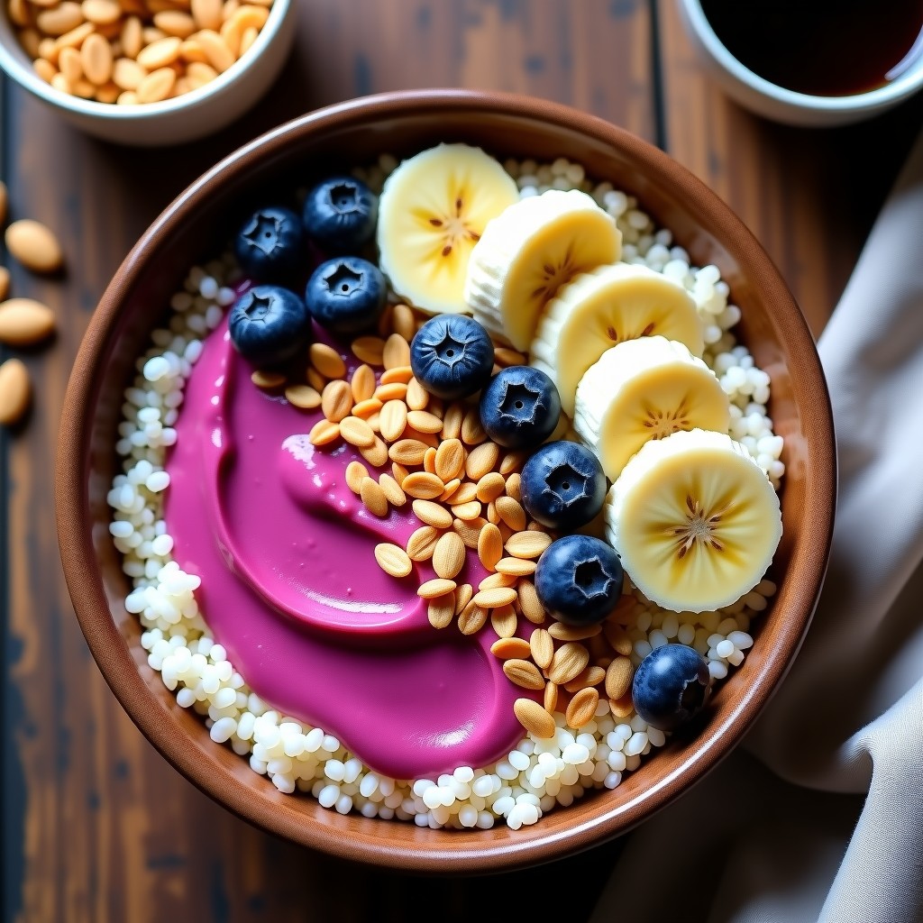 Bowl colorido con base de kinua esponjosa, capas de puré de camu camu rosado, rodajas de plátano, arándanos, semillas de sacha inchi doradas y coco rallado, típico desayuno peruano superalimento.