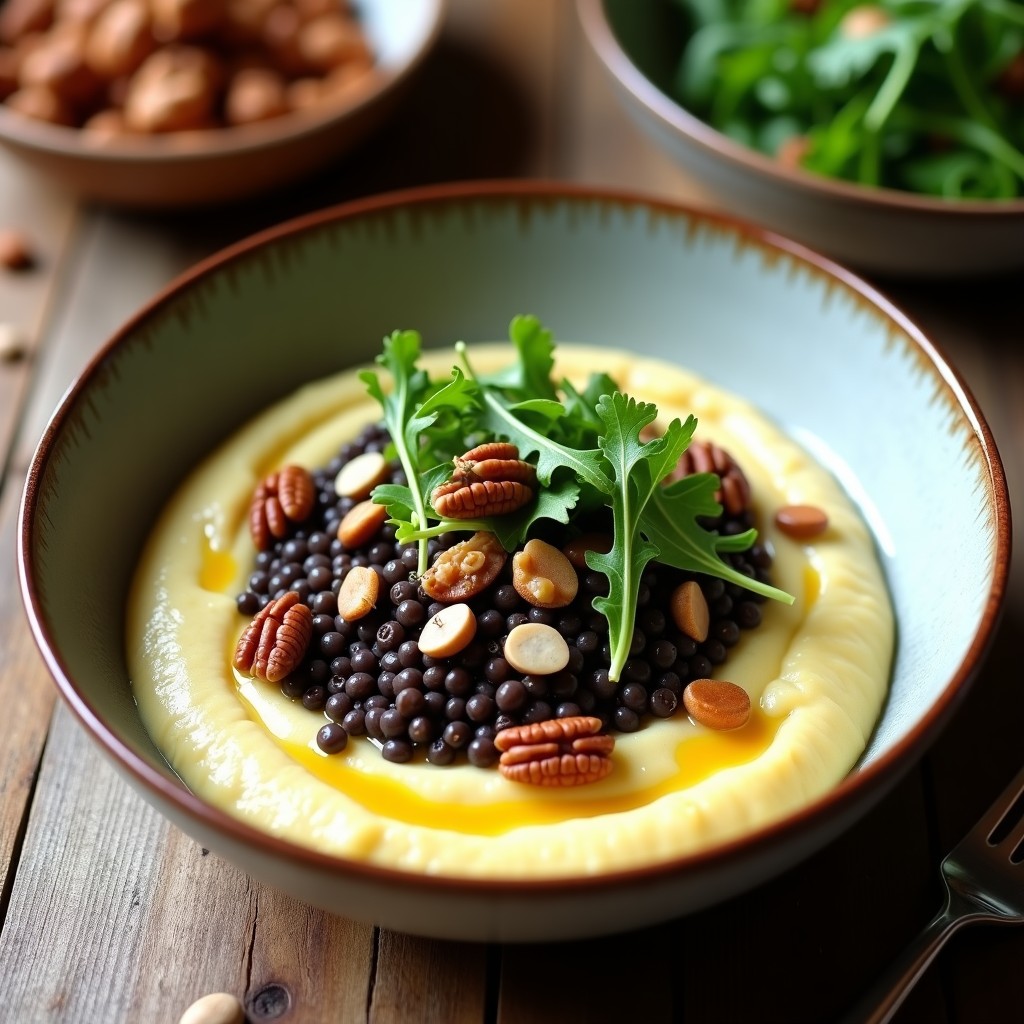 Bowl de Lentejas Beluga con puré de Apio Nabos y Mostaza de Dijon: Desayuno Francés Alto en Fibra