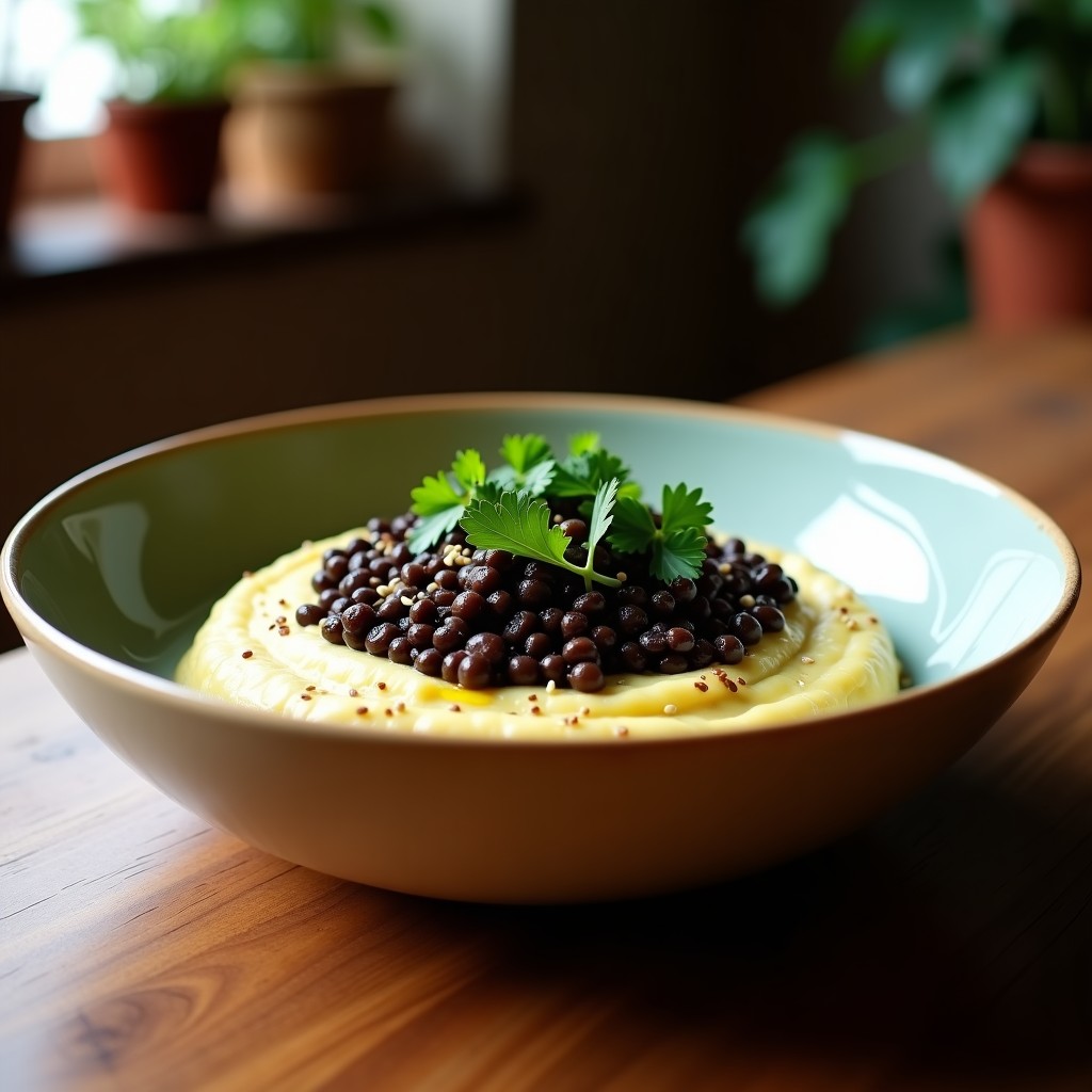Bowl vegano gourmet con puré de coliflor cremoso en la base, lentejas beluga oscuras y brillantez del aceite de trufa negra, decorado con perejil fresco y semillas de sésamo tostadas sobre fondo rústico de madera.