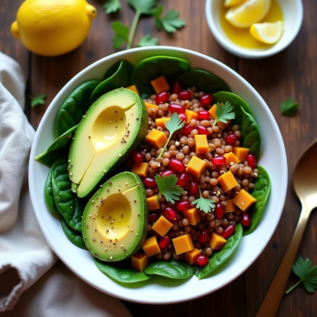 Bowl colorido con base de espinacas frescas, lentejas rojas cocinadas con especias, cubos de aguacate cremoso, semillas de granada rojas brillantes y semillas de sésamo tostadas. Receta vegana y alta en fibra.