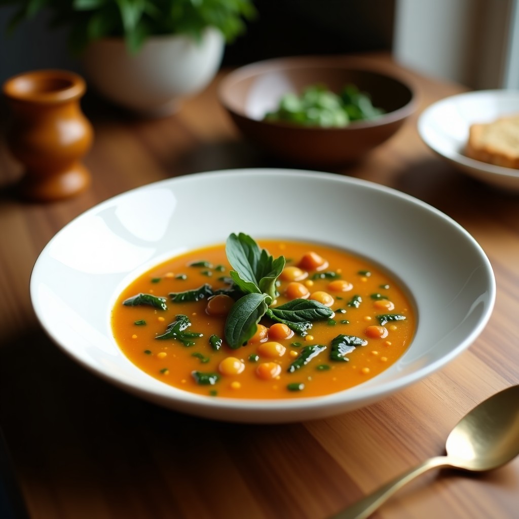 Bowl hondo de barro con lentejas rojas cremosas, espinacas verdes vibrantes y un topping de cilantro fresco y semillas de sésamo. Receta africana vegana de Sierra Leona con leche de coco, servida con una cuchara de madera sobre fondo rústico.