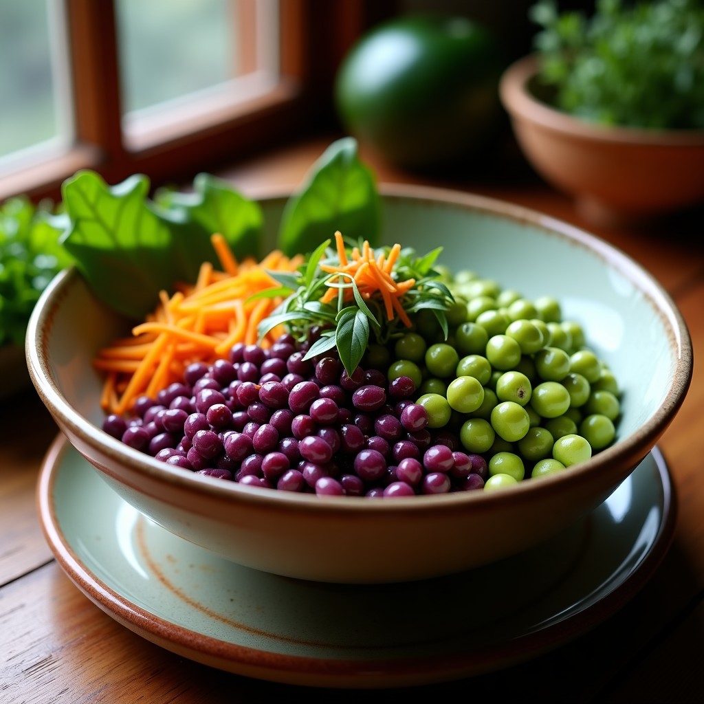 Bowl colorido de maíz morado y edamame con aderezo de tamarindo, decorado con aguacate, zanahoria rallada, pimiento rojo y semillas de sésamo, sobre un fondo rústico de madera. Receta peruana alta en antioxidantes.