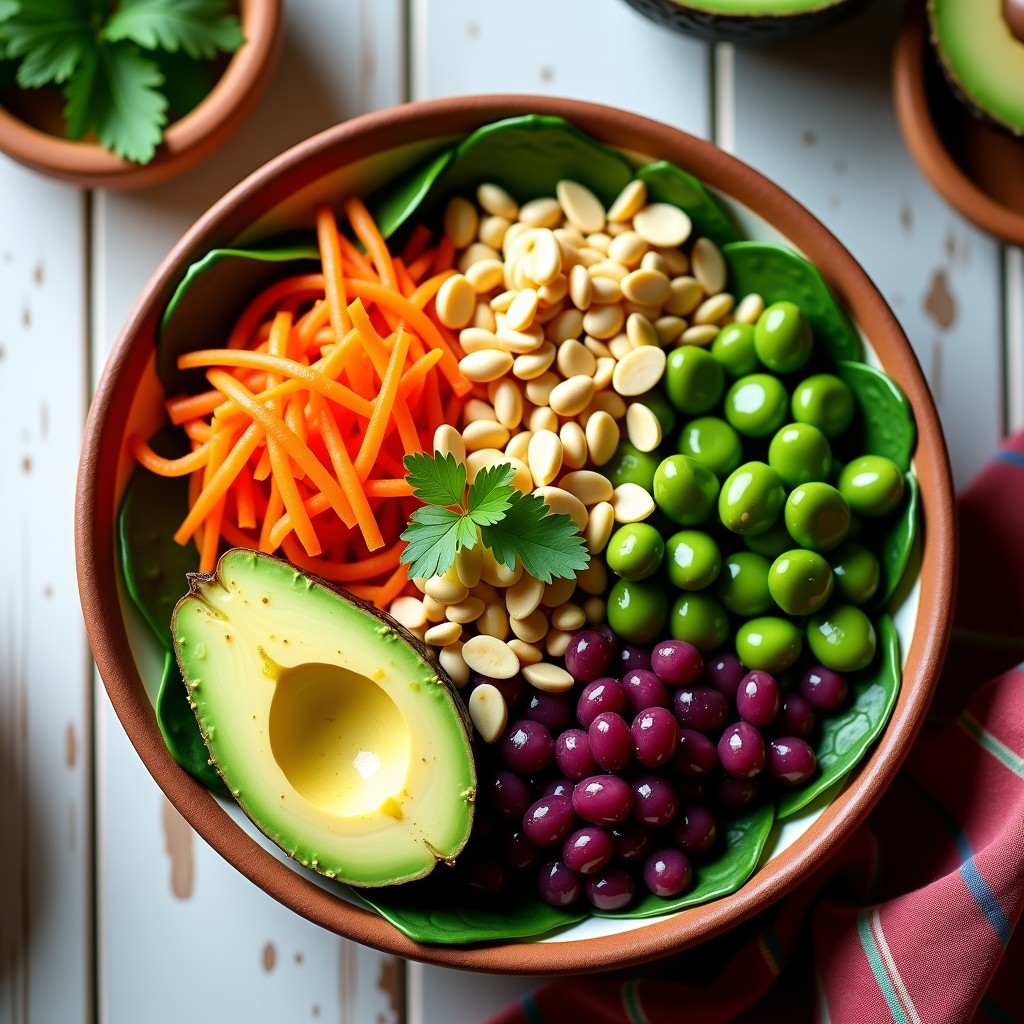 Bowl colorido de maíz morado y edamame con aderezo de lima, servido en un plato hondo de cerámica blanca. Incluye aguacate en cubos, zanahoria en juliana, pepino en rodajas, cebolla morada y semillas de sésamo. El aderezo brillante de lima cubre parcialmente los ingredientes, resaltando los tonos morados, verdes y naranjas del plato. Receta peruana vegana alta en proteína.