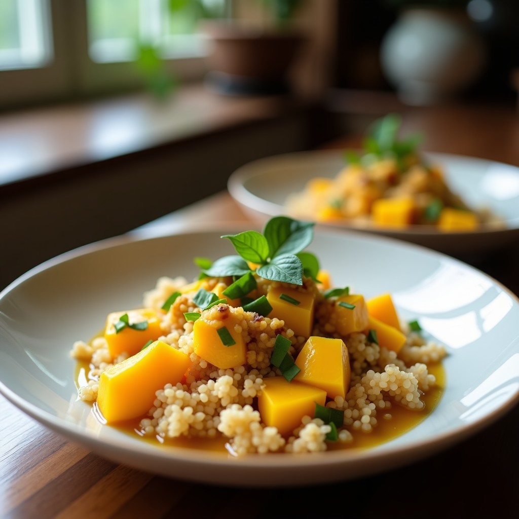 Bowl colorido con quinoa blanca como base, curry de coco cremoso con espinacas y pimiento rojo, cubos de mango amarillo, anacardos tostados y cilantro fresco. Receta vegana de bowl de mango y quinoa con curry.