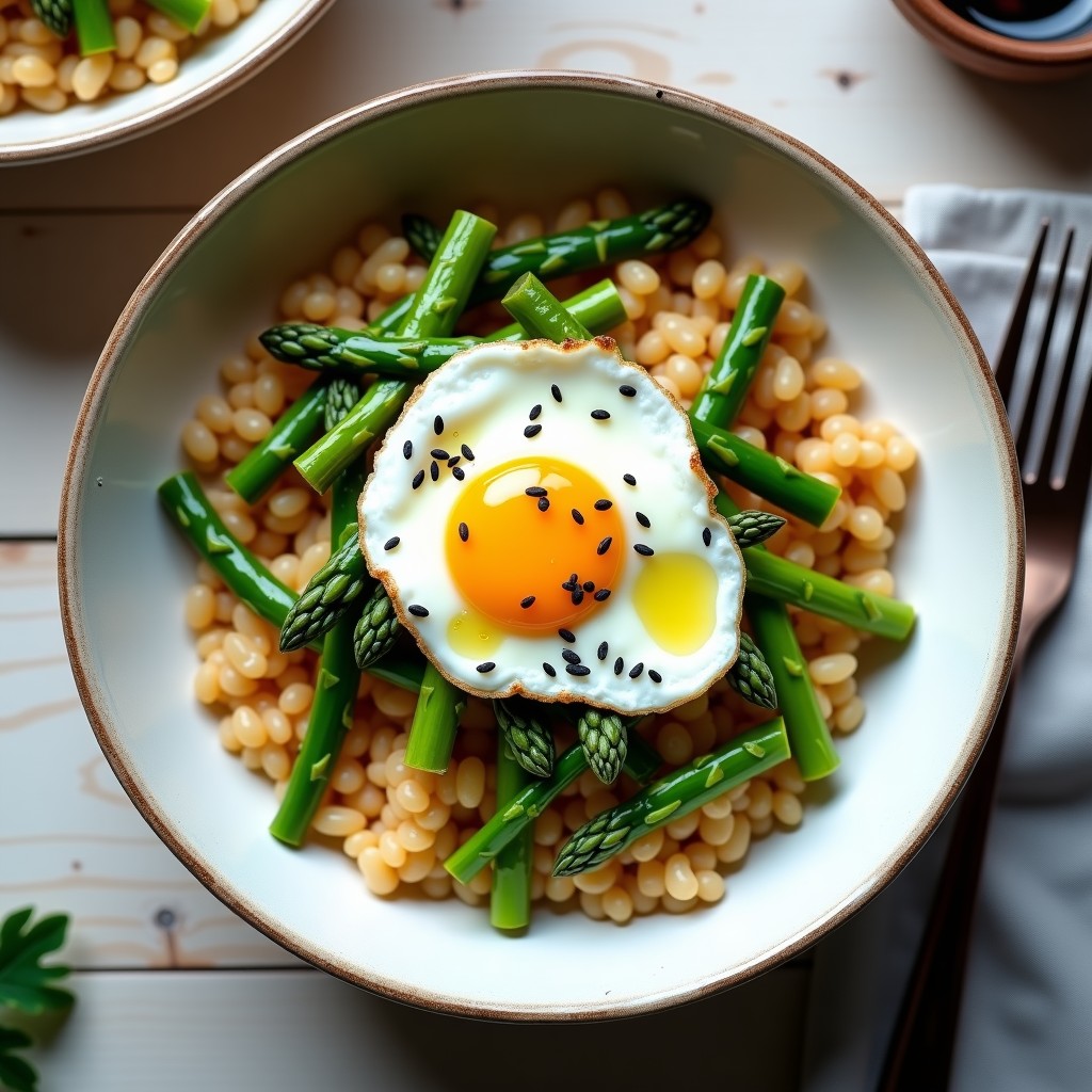 Bowl de mijo dorado con espárragos trigueros verdes salteados y dos huevos pochados con yema líquida, decorado con semillas de sésamo y cebollino fresco. Receta sin gluten y alta en proteína.