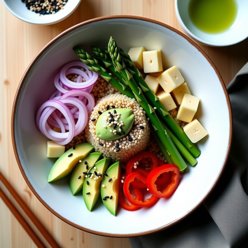 Bowl japonés sin gluten con mijo cocido al dente, espárragos trigueros salteados, cebolla morada, pimiento rojo y aguacate en cubos, coronado con semillas de sésamo negro y blanco, algas nori y vinagreta de wasabi. Plato colorido y equilibrado sobre fondo de madera clara.