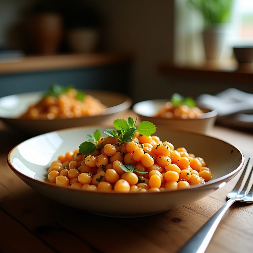 Bowl de mijo y garbanzos tostados con especias, aderezo de tahini negro, grana de granada roja brillante y semillas de calabaza. Plato colorido y nutritivo para desayuno antiinflamatorio vegano.