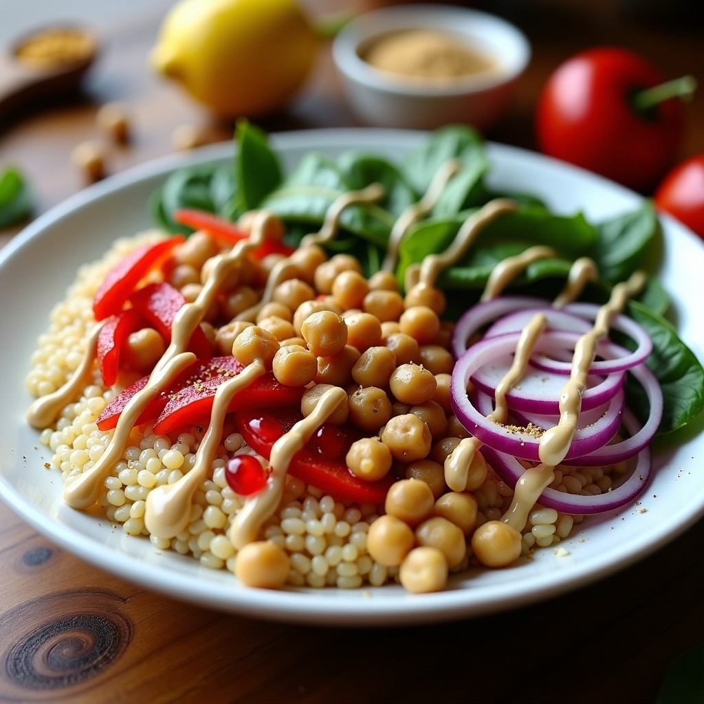 Bowl libanés de mijo dorado con garbanzos tostados crujientes, espinacas frescas, cebolla morada y semillas de granada, bañado en aderezo cremoso de za’atar y tahini. Plato colorido y texturizado sobre fondo rústico de madera.