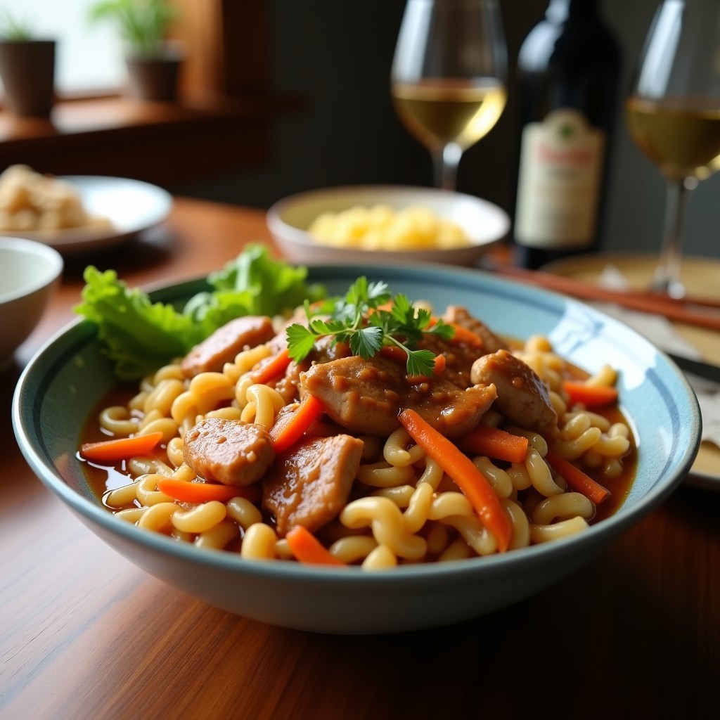 Bowl japonés de mijo dorado con pollo teriyaki low-carb en tiras brillantes, brócoli y zanahoria al vapor, huevo campero cortado por la mitad y semillas de sésamo tostadas, servido en un plato hondo de cerámica blanca.